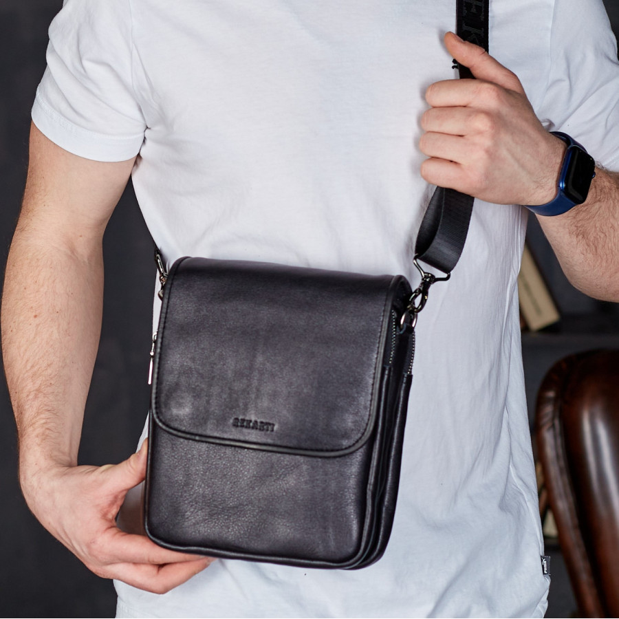 Месенджер із клапаном через плече 24х20х6, шкіряна барсетка Tiding Bag TD-20033 чорна