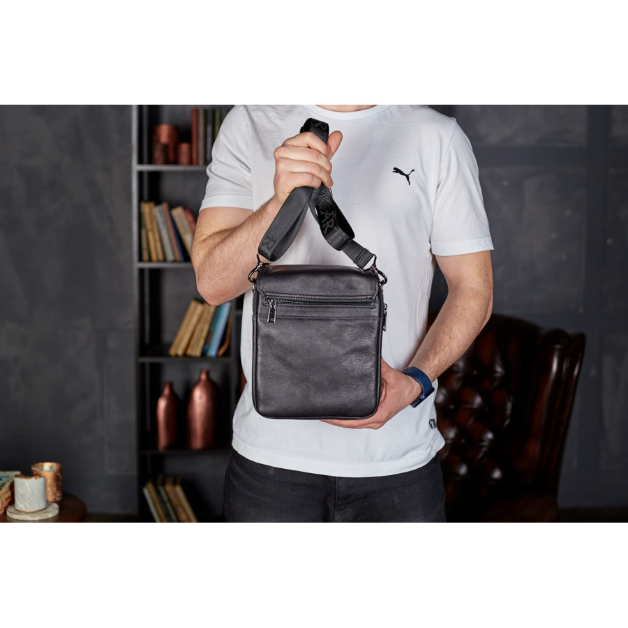 Месенджер із клапаном через плече 24х20х6, шкіряна барсетка Tiding Bag TD-20033 чорна