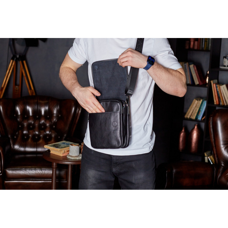Месенджер із клапаном через плече 24х20х6, шкіряна барсетка Tiding Bag TD-20033 чорна