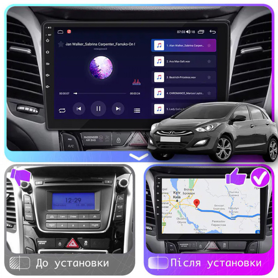 Штатная магнитола Lesko для Hyundai i30 II Рестайлинг 2015-2017 экран 9" 4/32Gb 4G Wi-Fi GPS Top