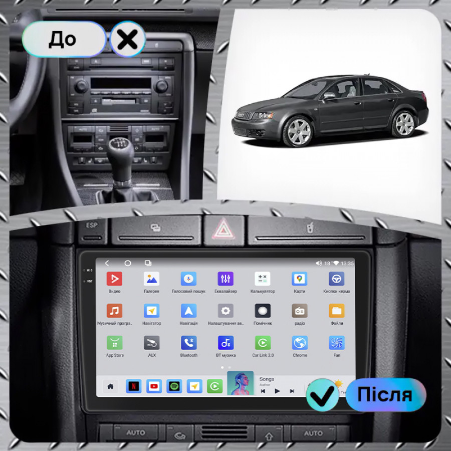 Штатная магнитола Lesko для Audi S4 III (B7) 2004-2008 экран 9" 4/64 QLED CarPlay 4G Wi-Fi GPS 360 Prime
