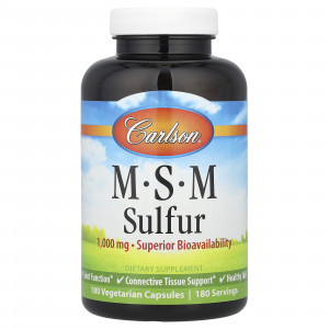 Метилсульфонілметан МСМ, MSM Sulfur, Carlson, 1000 мг, 180 вегетаріанських капсул