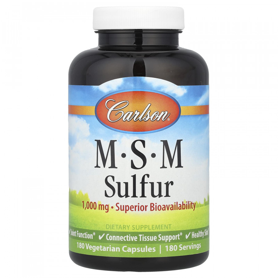 Метилсульфонілметан МСМ, MSM Sulfur, Carlson, 1000 мг, 180 вегетаріанських капсул