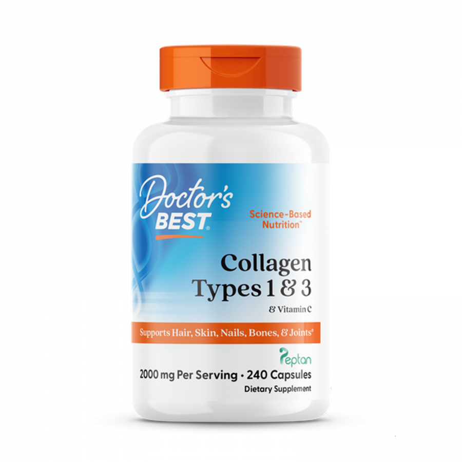 Колаген 1 і 3 типу, Types 1 and 3 with Peptan, Doctor's Best, з пептаном та вітаміном C, 500 мг, 240 капсул (125 мг у капсулі)