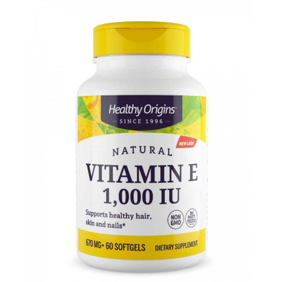 Вітамін Е, Vitamin E, Healthy Origins, натуральний, суміш токоферолів, 1000 МО, 60 гелевих капсул
