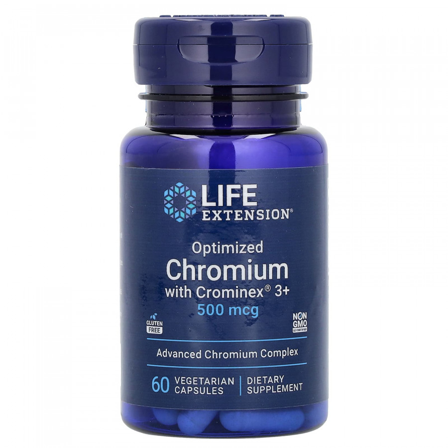 Хром, Optimized Chromium with Crominex 3+, Life Extension, оптимізований, 500 мкг, 60 вегетаріанських капсул