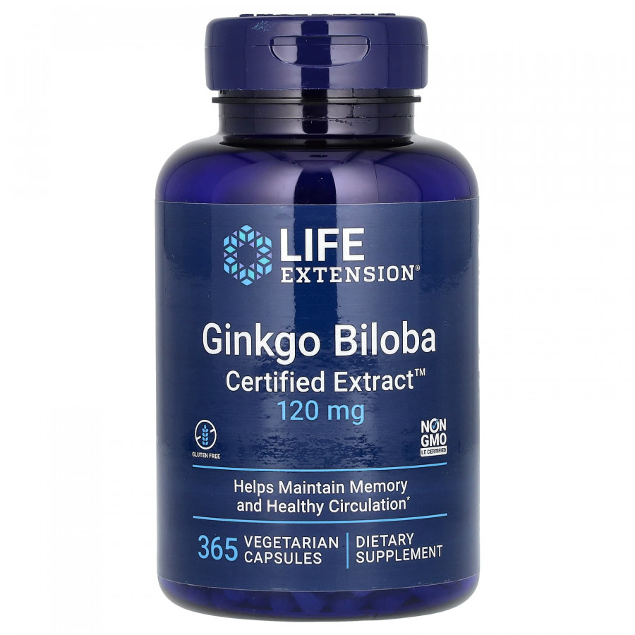 Гінкго Білоба, Ginkgo Biloba, Life Extension, сертифікований екстракт, 120 мг, 365 вегетаріанських капсул
