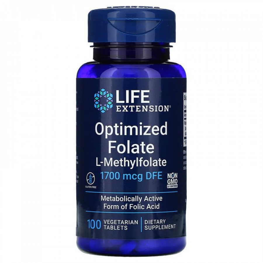 Фолат, Optimized Folate, Life Extensions, оптимізований, 1700 мкг DFE, 100  вегетаріанських таблеток