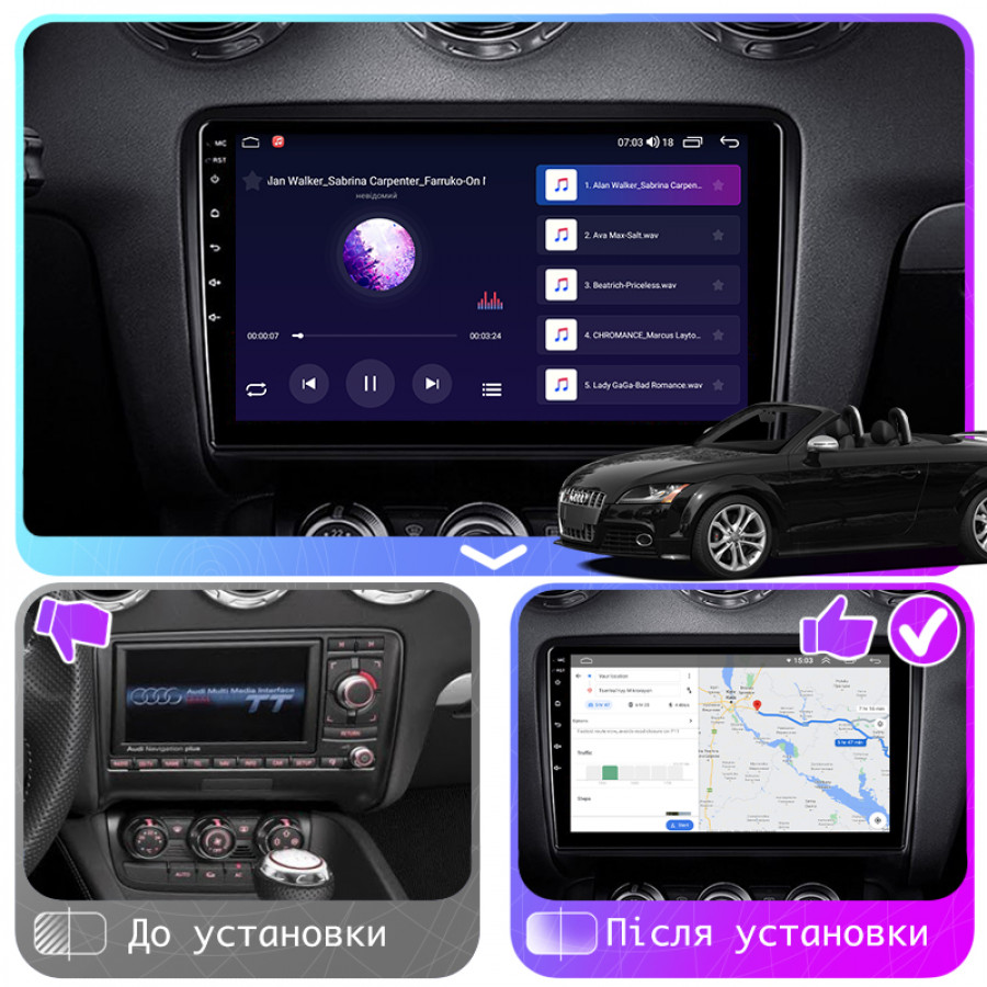 Штатная магнитола Lesko для Audi TTS II (8J) 2007-2010 экран 9" 4/64Gb CarPlay 4G Wi-Fi GPS Prime