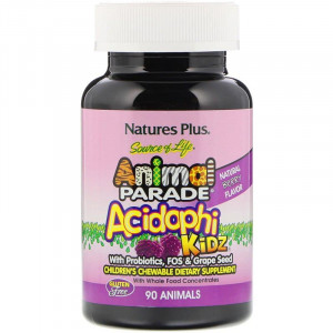 Пробіотики для дітей, AcidophiKidz, Nature's Plus, Animal Parade, вишневий смак, 90 жувальних цукерок у формі тварин