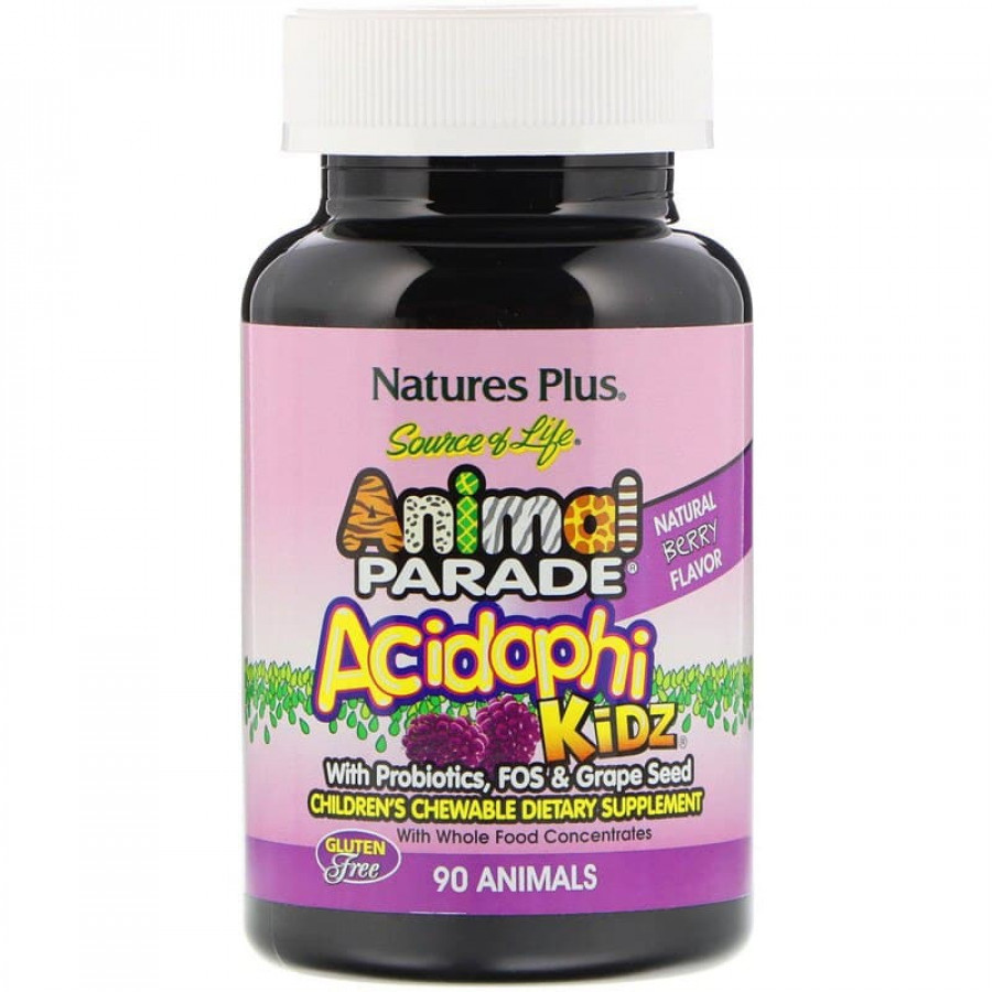 Пробіотики для дітей, AcidophiKidz, Nature's Plus, Animal Parade, вишневий смак, 90 жувальних цукерок у формі тварин