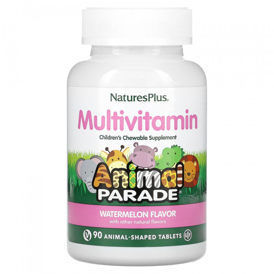 Мультивітаміни та мінерали для дітей, Animal Parade Multivitamin, NaturesPlus, смак кавуна, 90 жувальних цукерок у формі тварин