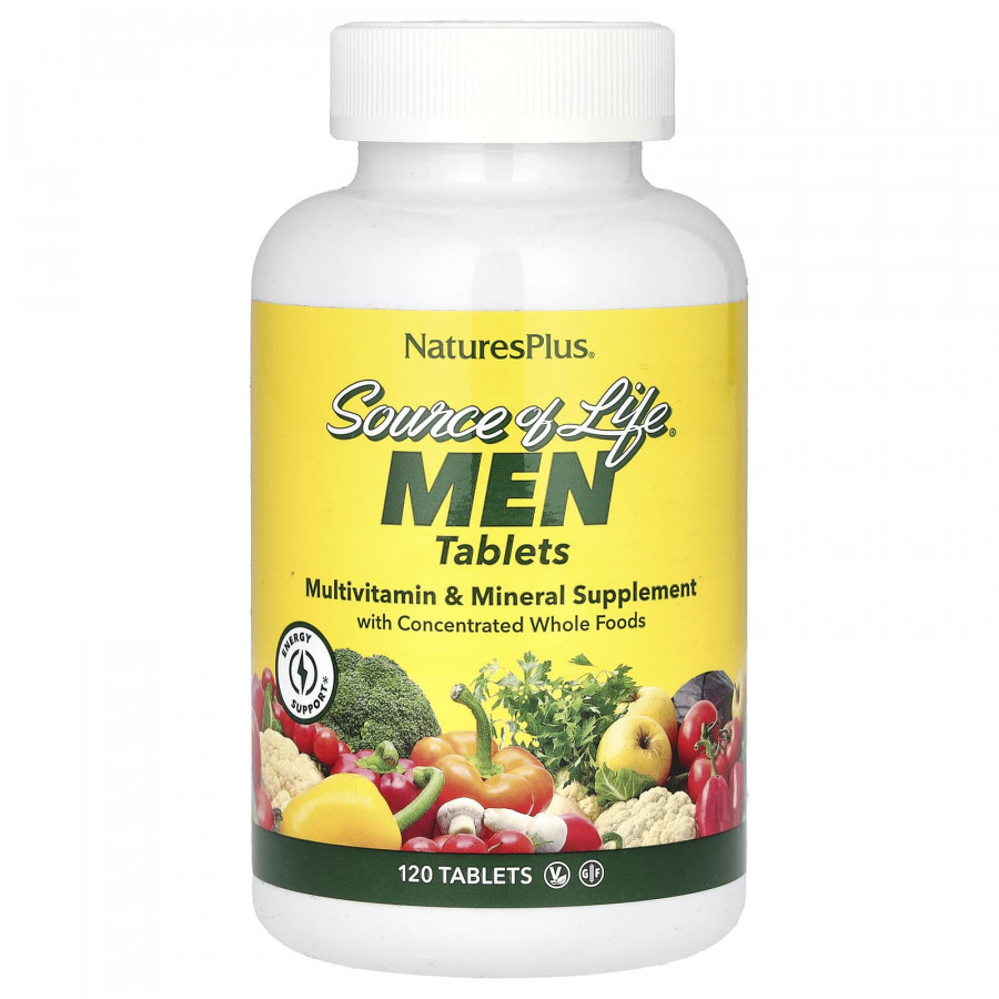 Мультивітаміни та мінералі для чоловіків, Source of Life Men, Nature's Plus, Source of Life Men, з концентрованими цільними продуктами, без заліза, 120 таблеток