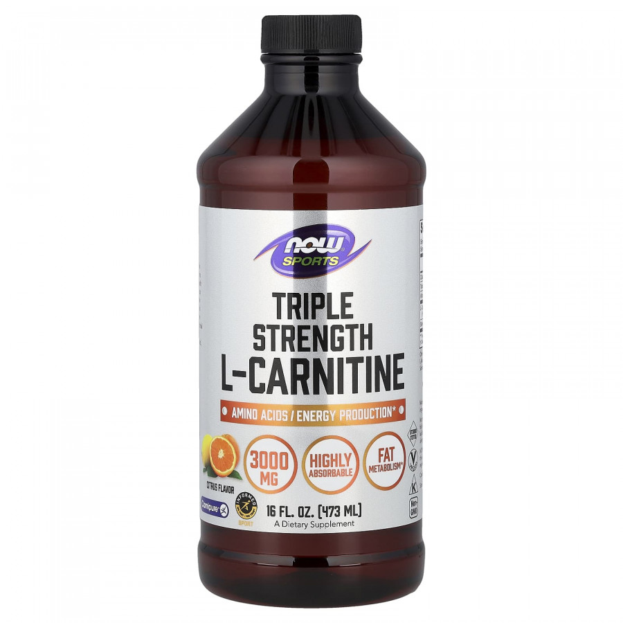 L-карнітин, L-Carnitine, NOW Foods, Sports, потрійна сила, рідкий, смак цитрусу 473 мл