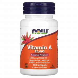 Вітамін А, Vitamin A, Now Foods, 7500 мкг (25000 МО), 100 гелевих капсул