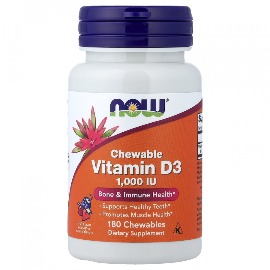 Вітамін D-3, Vitamin D-3, Now Foods, смак фруктів, 1000 МО, 180 жувальних таблеток