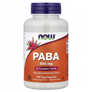 ПАБК (пара-амінобензойна кислота), PABA, NOW Foods, 500 мг, 100 вегетаріанських капсул