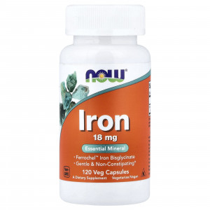 Залізо, Iron, Now Foods, 18 мг, 120 вегетаріанських капсул
