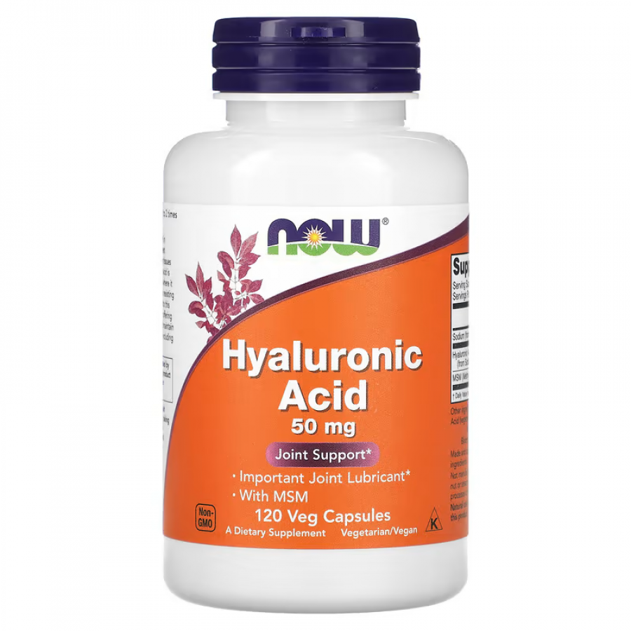 Гіалуронова кислота з МСМ, Hyaluronic Acid With MSM, Now Foods, 50 мг, 120 вегетаріанських капсул.