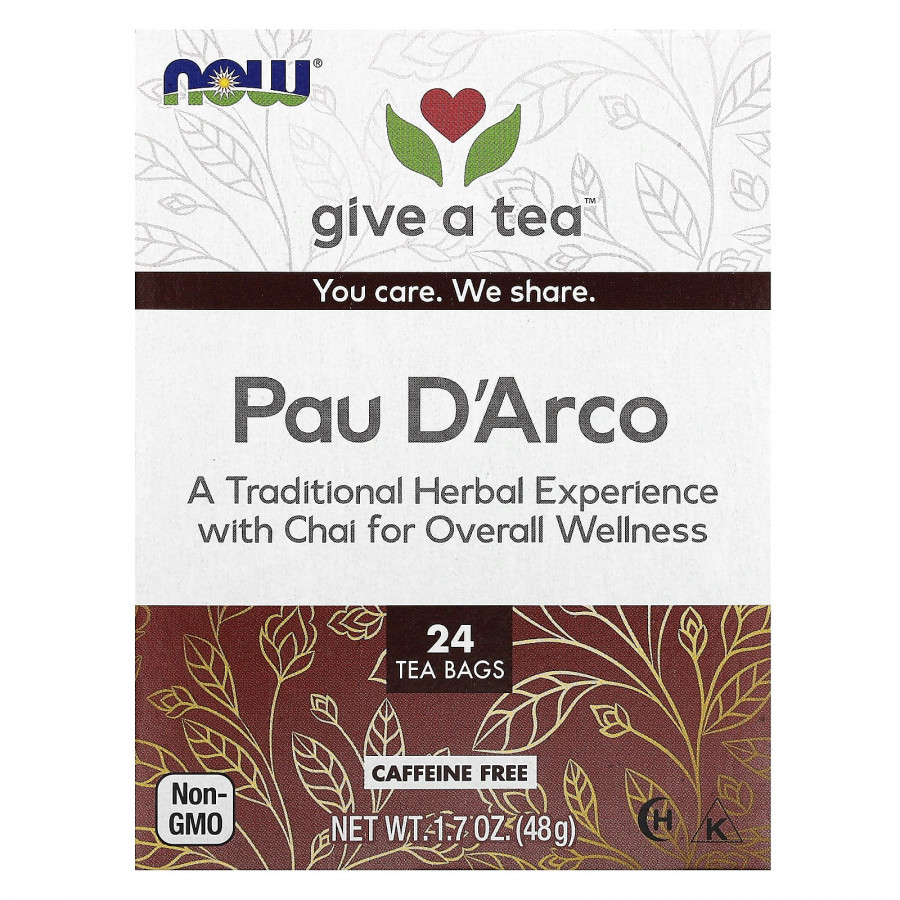 По д'арко, Pau D'Arco, Now Foods, Real Tea, без кофеїну, 24 чайних пакетика, 48 г