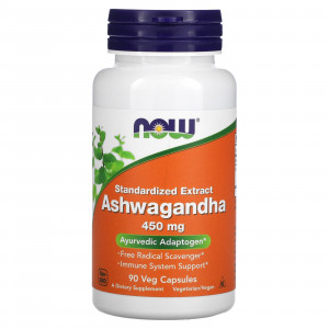 Ашваганда, Ashwagandha, Now Foods, стандартизований екстракт, 450 мг, 90 вегетаріанських капсул