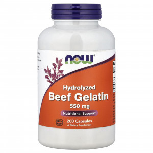 Гідролізат яловичого желатину, Hydrolyzed Beef Gelatin, NOW Foods, 200 капсул (550 мг на капсулу)