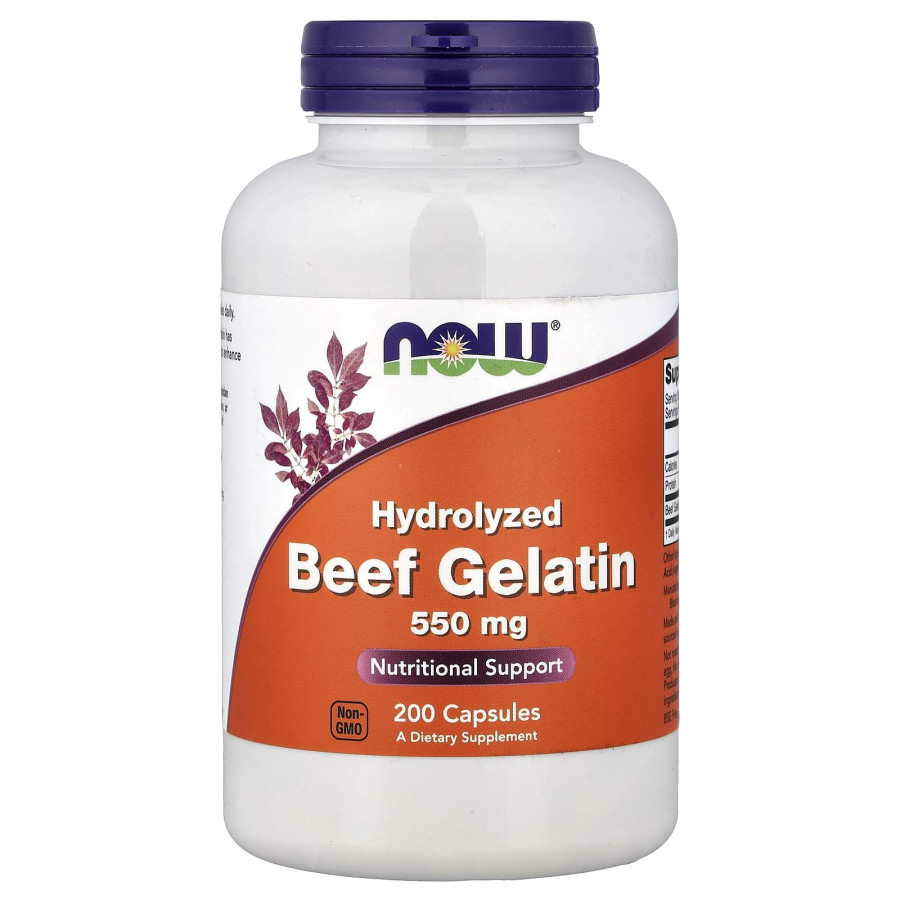 Гідролізат яловичого желатину, Hydrolyzed Beef Gelatin, NOW Foods, 200 капсул (550 мг на капсулу)