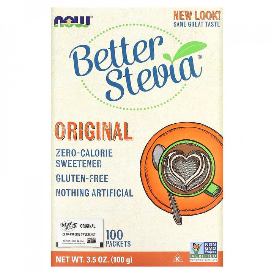 Стевія, BetterStevia, Now Foods, підсолоджувач з нульовою калорійністю, оригінальний, 100 пакетів, 100 г