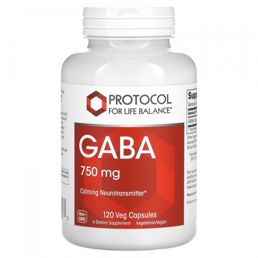 Гамма-аміномасляна кислота, ГАМК, GABA, Protocol for Life Balance, 750 мг, 120 веганських капсул