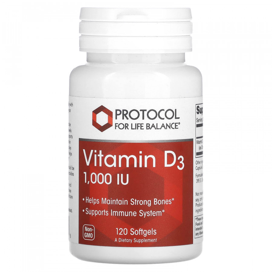 Вітамін D3, Vitamin D3, Protocol for Life Balance, 1000 МО, 120 гелевих капсул