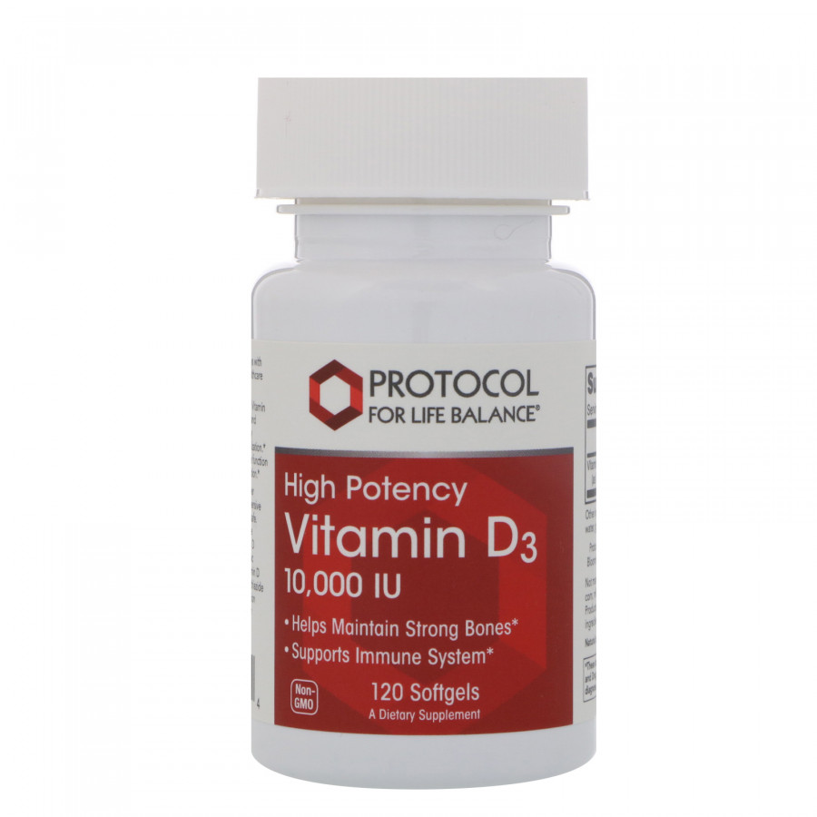Вітамін D3, Vitamin D3, Protocol for Life Balance, висока ефективність, 10 000 МО, 120 гелевих капсул