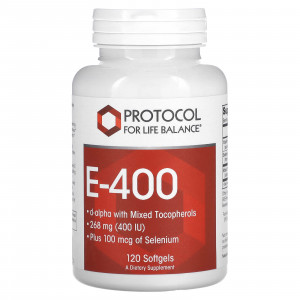 Вітамін Е, E-400, Protocol for Life Balance, змішані токофероли та селен, 268 мг (400 МО), 120 гелевих капсул