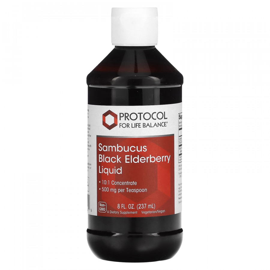 Чорна бузина, Sambucus Black Elderberry Liquid, Protocol for Life Balance, рідкий концентрат, веган, 500 мг, 237 мл