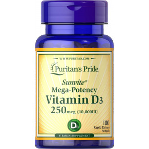 Вітамін D3, Vitamin D3, Puritan's Pride, 250 мкг (10 000 МО), 100 капсул