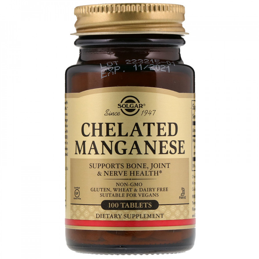 Марганець, Chelated Manganese, Solgar, хелатний, 100 таблеток