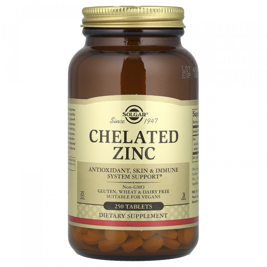 Хелат цинку, Chelated Zinc, Solgar, 250 таблеток