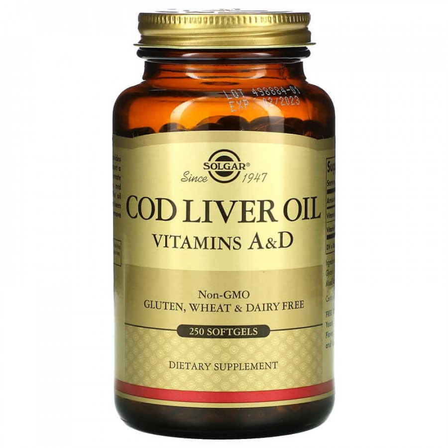 Вітамін А і D з олії печінки тріски, Cod Liver Oil, Vitamins A & D, Solgar, 250 гелевих капсул