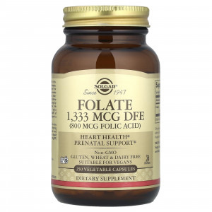 Фолат, Folate, Solgar, фолієва кислота, 1333 мкг DFE, 250 вегетаріанських капсул