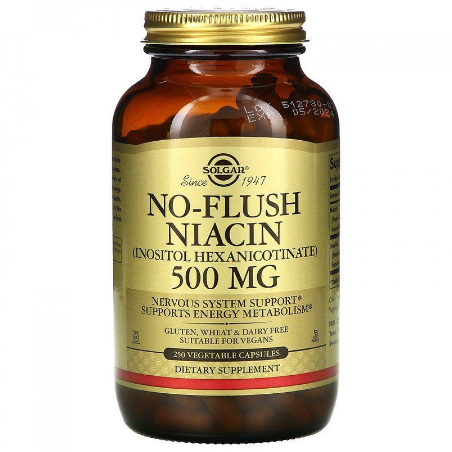 Ніацин, No-Flush Niacin, Solgar, не викликаючий почервоніння, 500 мг, 250 вегетаріанських капсул