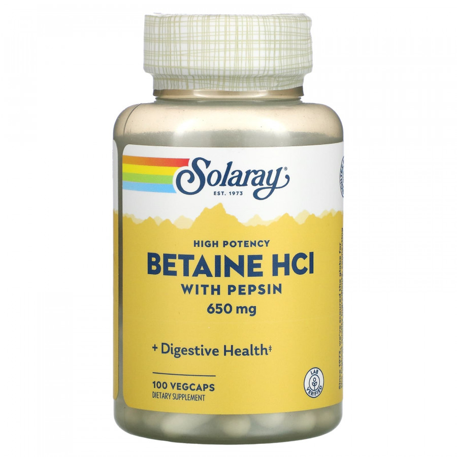 Бетаїн HCl + пепсин, Betaine HCL with Pepsin, Solaray, високоефективний, 650 мг, 100 вегетаріанських капсул
