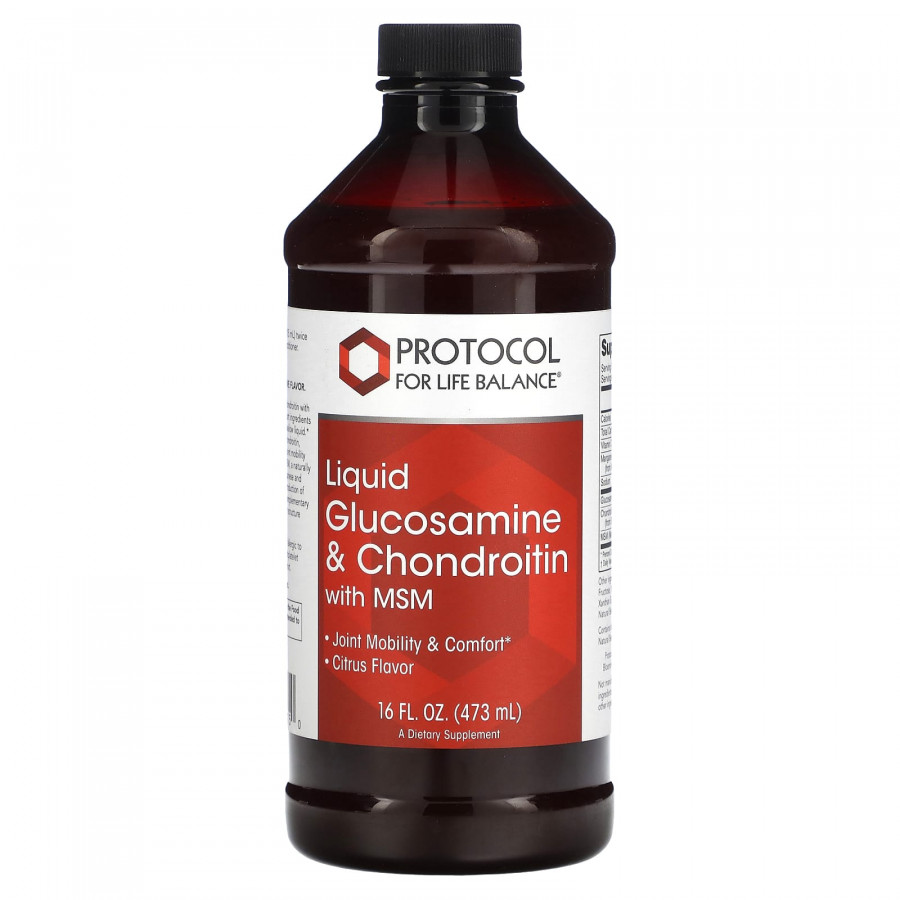 Глюкозамін і хондроїтин з МСМ, Liquid Glucosamine & Chondroitin with MSM, Protocol for Life Balance, рідкий, смак цитрус, 473 мл