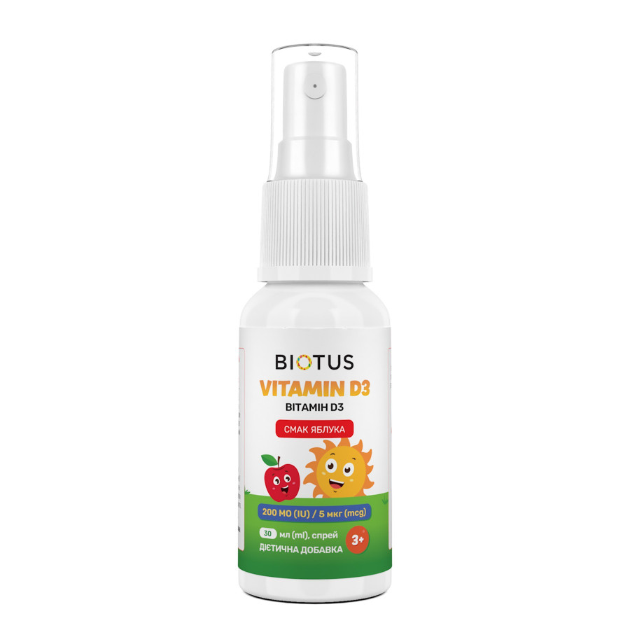 Вітамін D3, Vitamin D3, Biotus, спрей для дітей, смак яблука, 200 МО/5 мкг, 30 мл