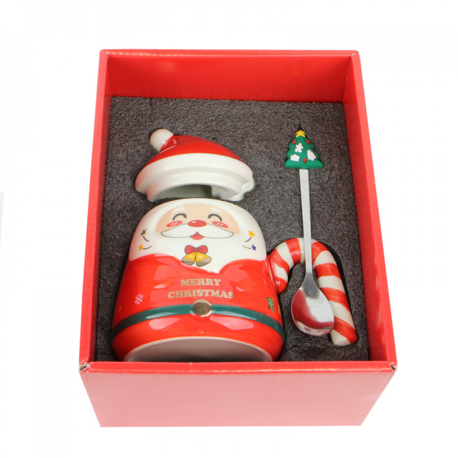 Рождественская чашка "Merry Christmass" Санта JJX001 кружка в форме Санты с ложечкой в подарочной упаковке Red