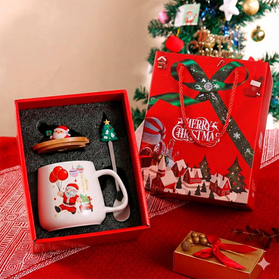 Рождественская чашка "Merry Christmass" Санта JJX003 кружка с ложечкой новогодняя в подарочной упаковке