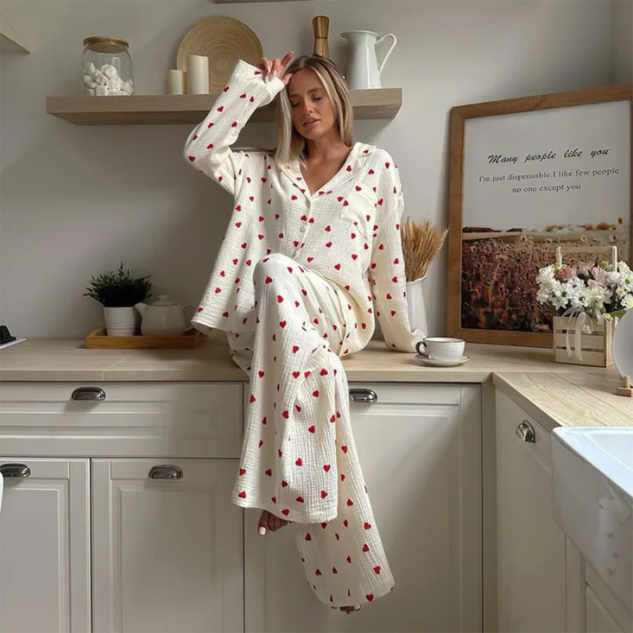 Женский муслиновый костюм 2SYCK1853B1 для дома рубашка с длинным рукавом брюки пижама Кремовый с сердечками XL