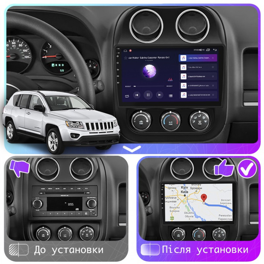Штатная магнитола Lesko для Jeep Compass I Рестайлинг 2 2013-2016 экран 10" 6/128Gb 4G Wi-Fi GPS Top