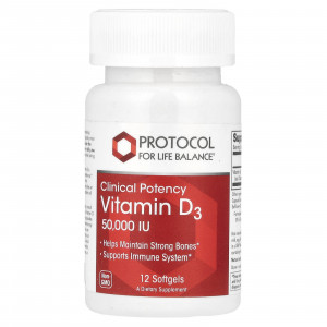 Вітамін D3, Vitamin D3, Protocol for Life Balance, клінічна сила, 50 000 МО, 12 гелевих капсул