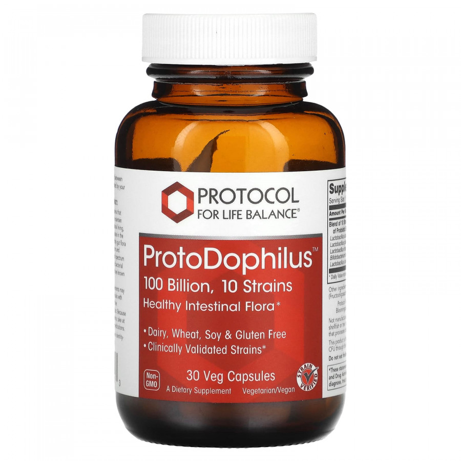 Пробіотики дофілус, ProtoDophilus, Protocol for Life Balance, 100 млрд КУО, 10 штамів, 30 веганських капсул