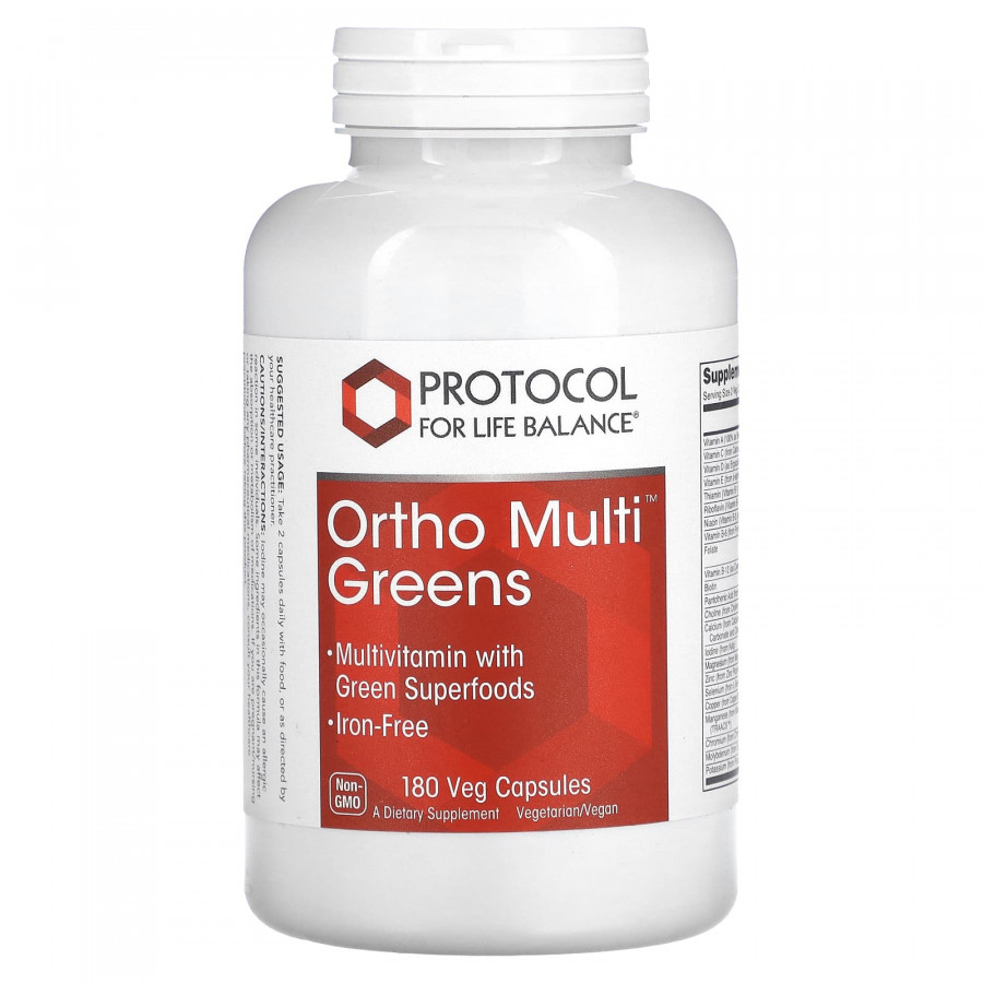 Мультивітаміни та Суперфуд, Ortho Multi Greens, Protocol for Life Balance, 180 рослинних капсул