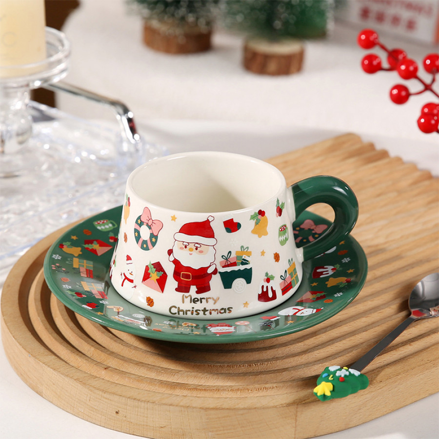 Рождественская чашка "Merry Christmass" Санта-Клаус JJX005 кружка с блюдцем с ложечкой новогодняя в подарочной упаковке Green